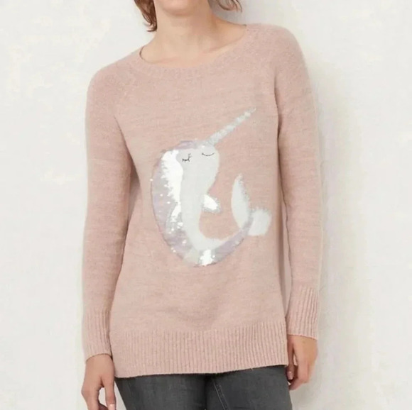 NWT Lauren Conrad Size XL Pink Narwal Dolphin Fuzz Graphic Tunic Sweater Stretch - Picture 1 of 13